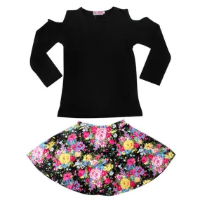 2-7Y Girls Clothing Sets 2pcs Black Long Sleeve Shoulder Off TopFloral Skirt Baby Clothes Dress SM6