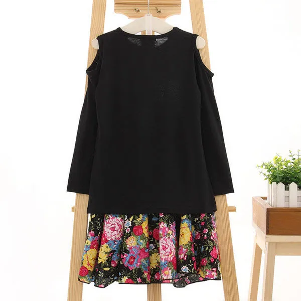 2-7Y Girls Clothing Sets 2pcs Black Long Sleeve Shoulder Off TopFloral Skirt Baby Clothes Dress SM6