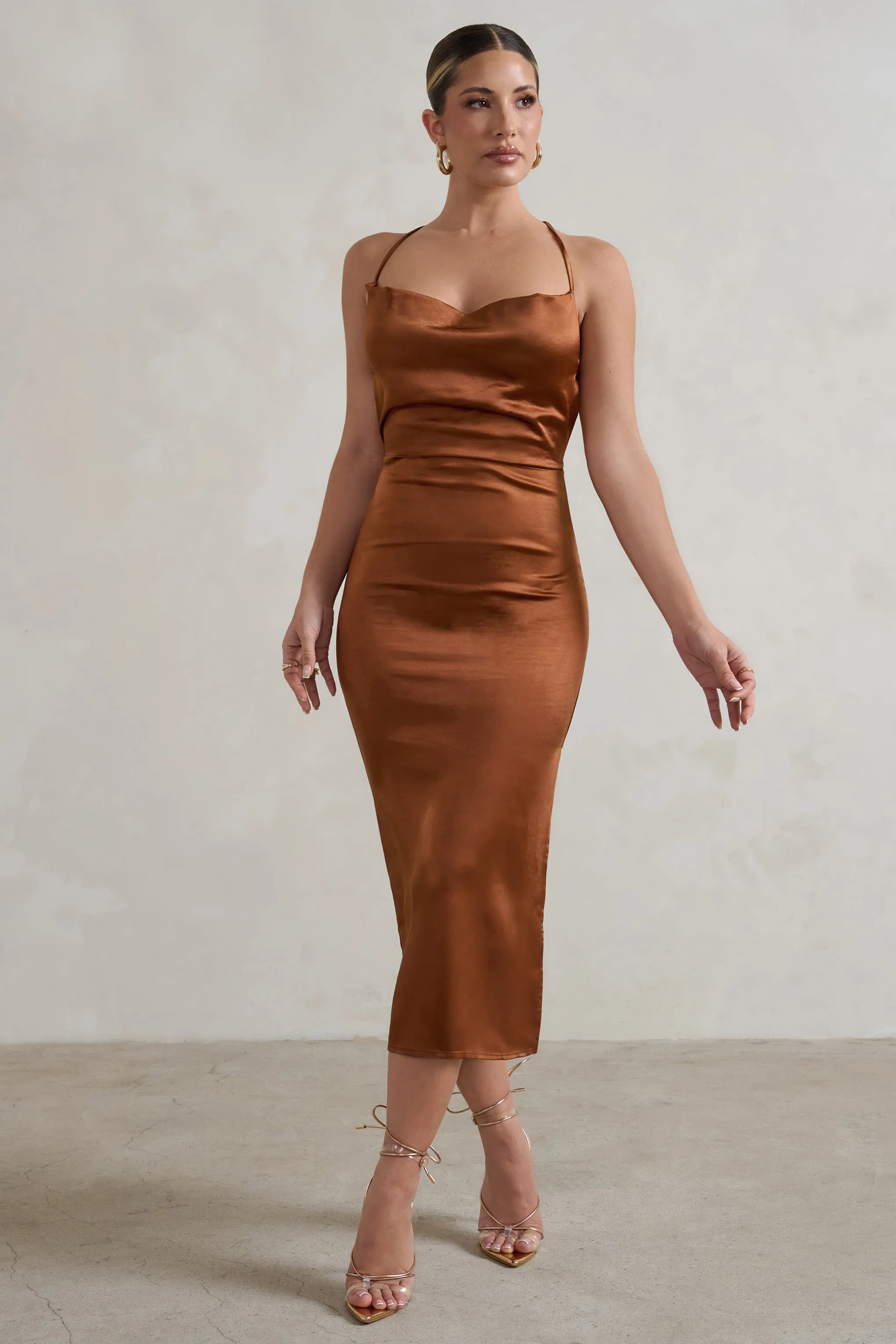 Aja | Copper Cowl Cami Midi Dress With Waist Tie