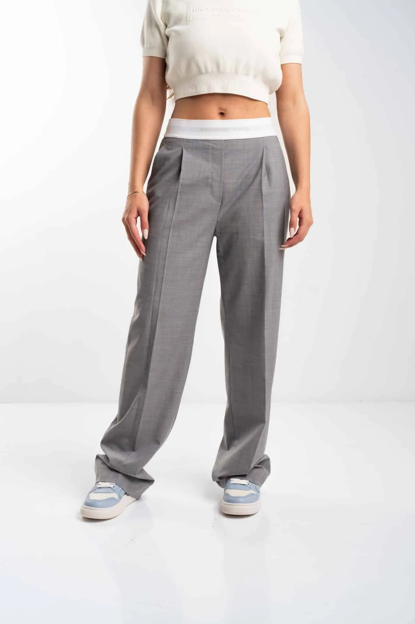 Alexander Wang Ladies High Waisted Pleated Pant w/ Logo Elastic Light Heather Grey 1WC3244748 050