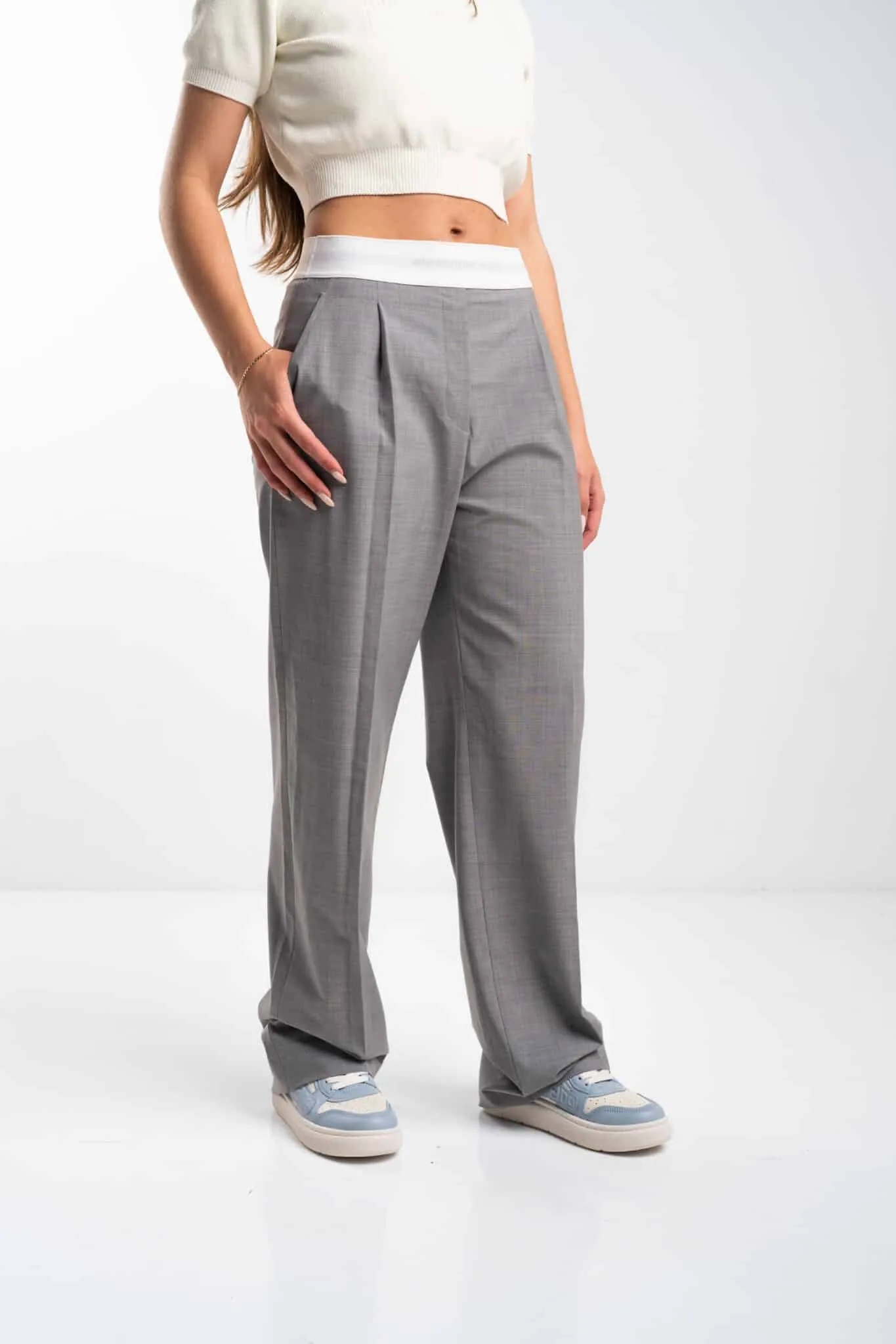 Alexander Wang Ladies High Waisted Pleated Pant w/ Logo Elastic Light Heather Grey 1WC3244748 050