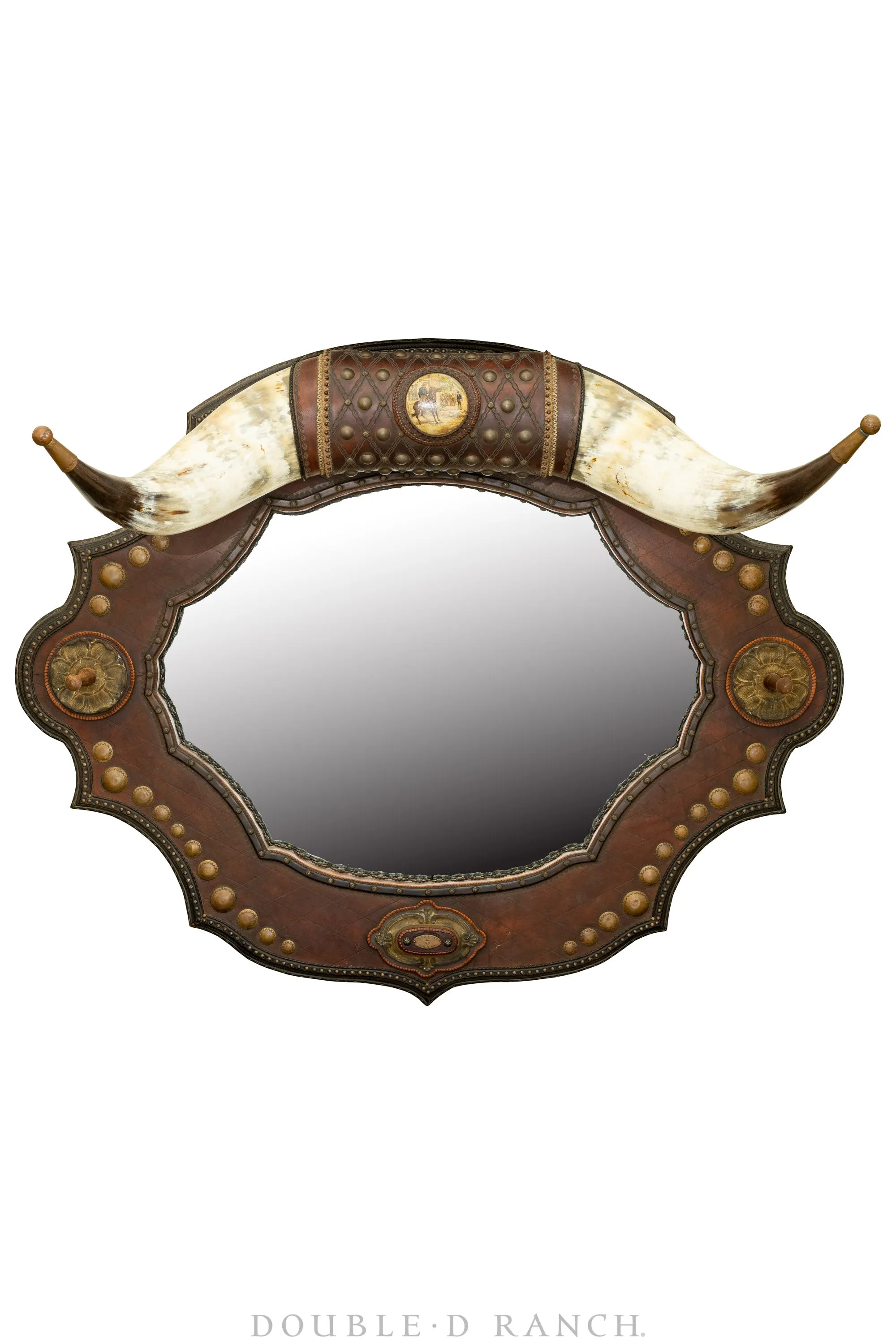 Art, Taxidermy, Saloon Mirror with Longhorns, Leather Tooling and Brass Nails, Buck Flynn Company of Santa Fe, Vintage ‘90s, 106