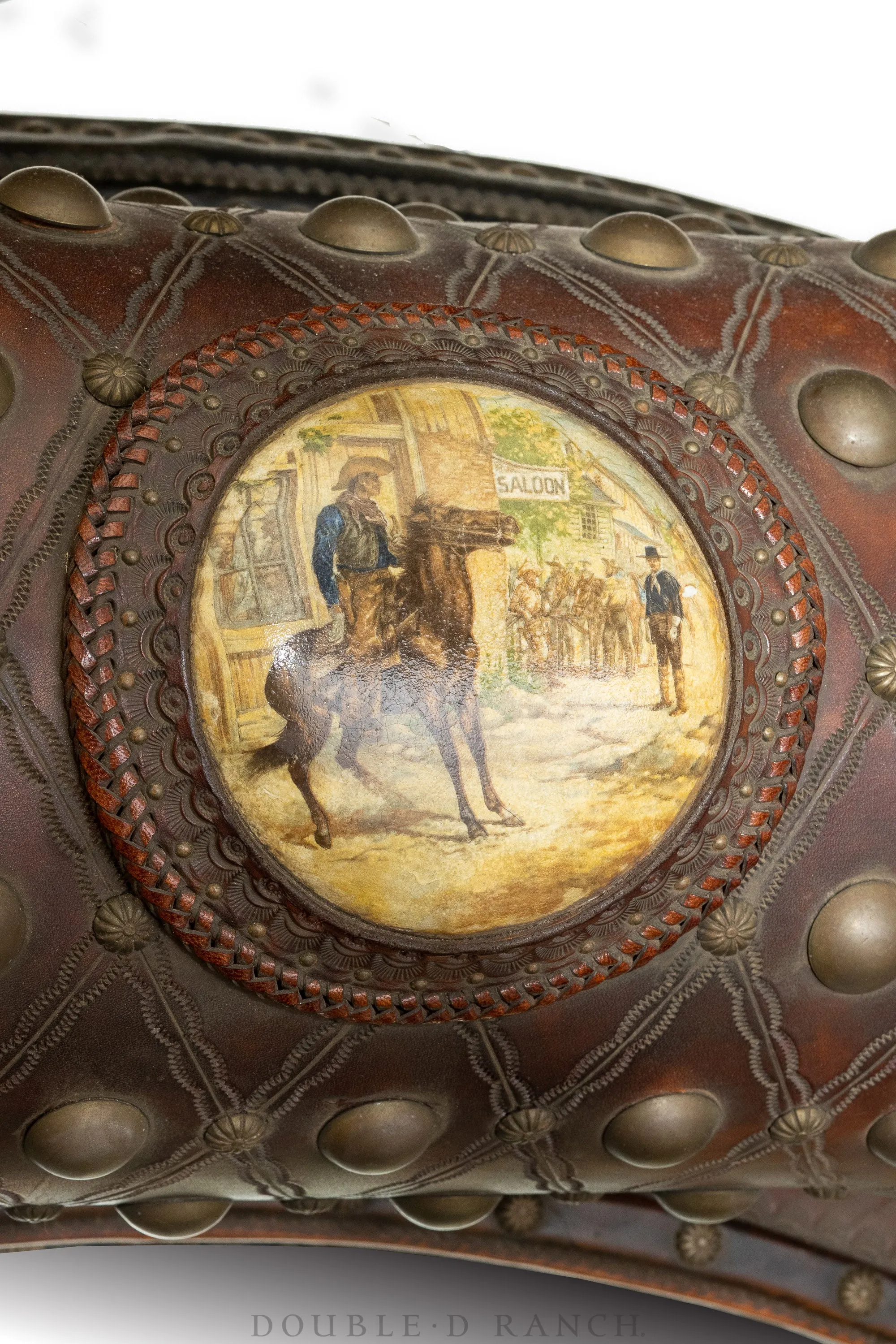 Art, Taxidermy, Saloon Mirror with Longhorns, Leather Tooling and Brass Nails, Buck Flynn Company of Santa Fe, Vintage ‘90s, 106