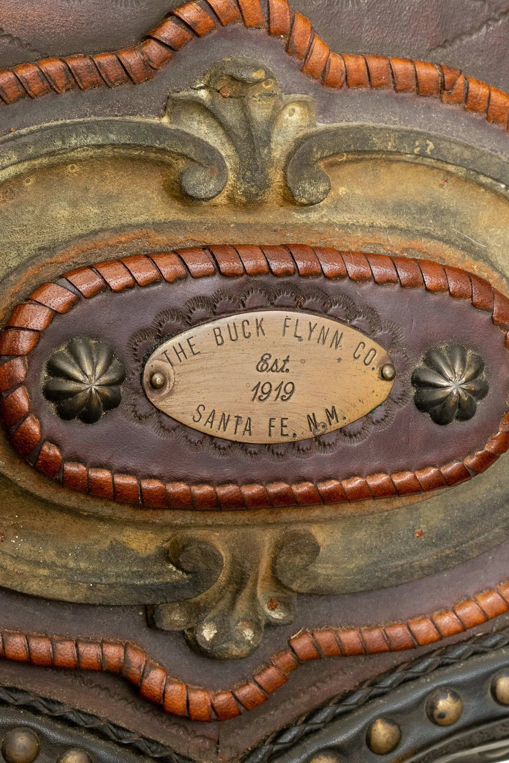 Art, Taxidermy, Saloon Mirror with Longhorns, Leather Tooling and Brass Nails, Buck Flynn Company of Santa Fe, Vintage ‘90s, 106