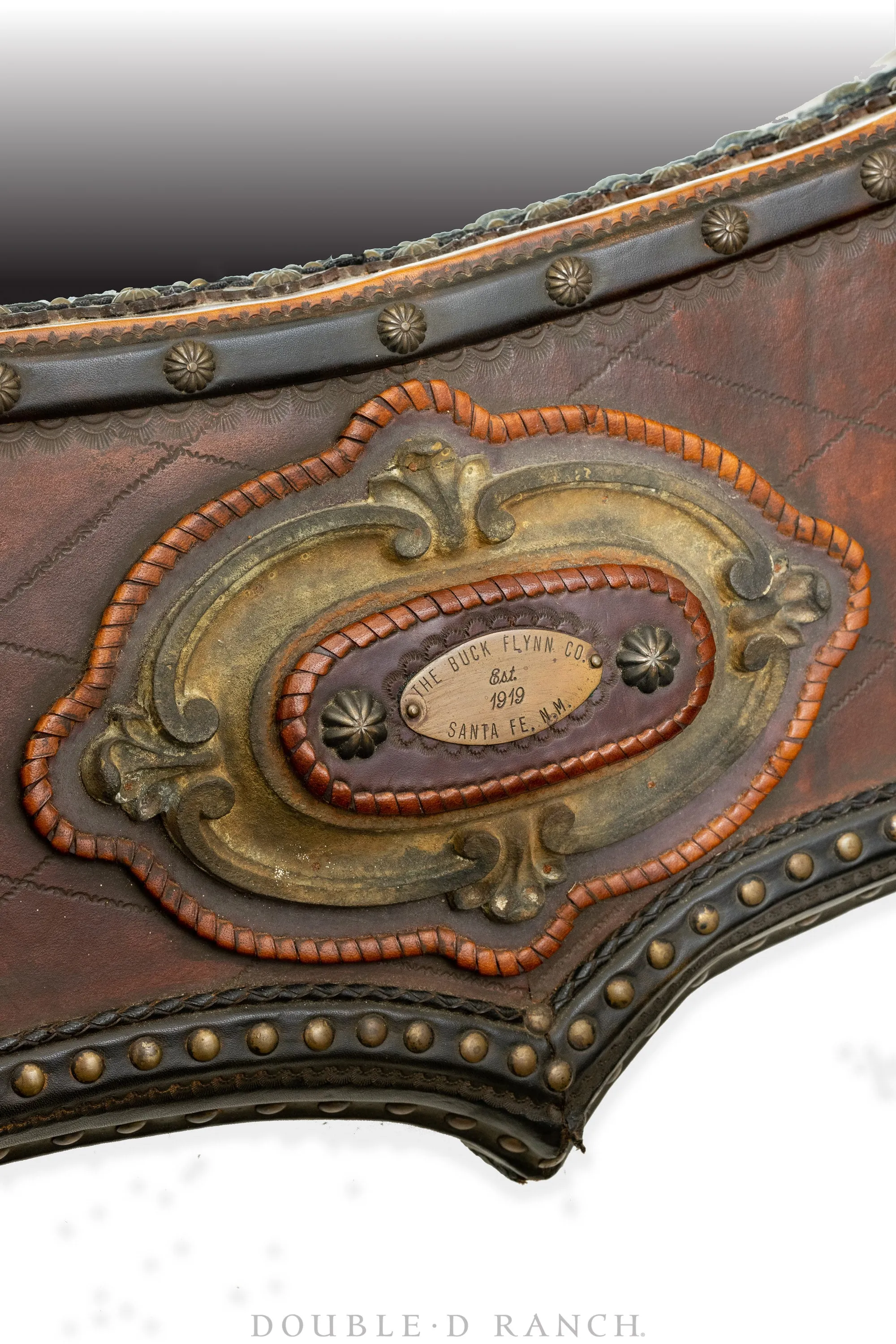 Art, Taxidermy, Saloon Mirror with Longhorns, Leather Tooling and Brass Nails, Buck Flynn Company of Santa Fe, Vintage ‘90s, 106