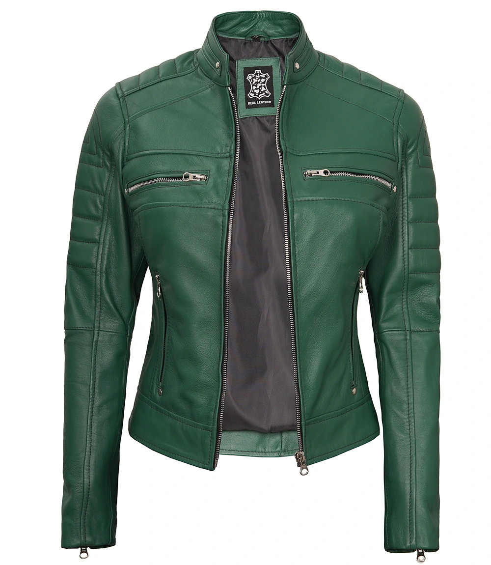 Austin Women's Green Real Leather Cafe Racer Biker Jacket