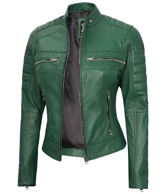 Austin Women's Green Real Leather Cafe Racer Biker Jacket