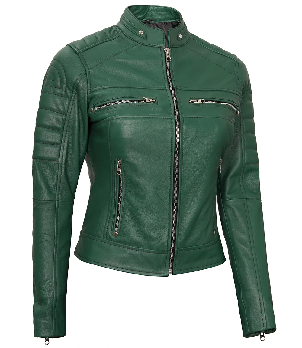 Austin Women's Green Real Leather Cafe Racer Biker Jacket