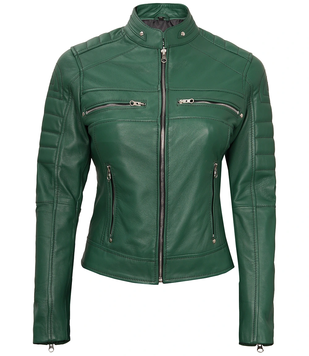 Austin Women's Green Real Leather Cafe Racer Biker Jacket