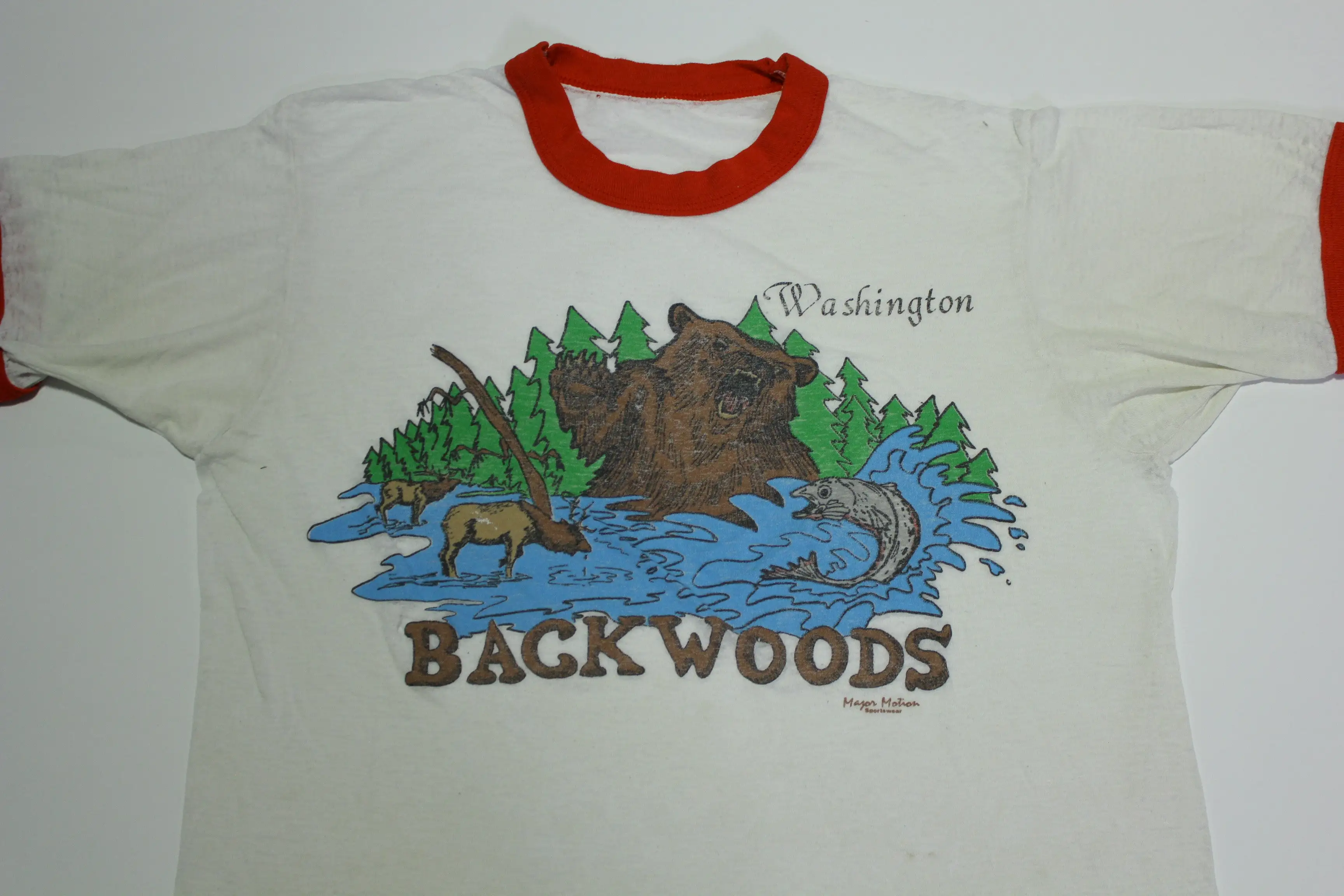 Backwoods Washington Paper Thin Bear Moose Salmon Vintage 80's Ringer T-Shirt