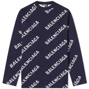 Balenciaga All Over Logo Intarsia Crew KnitNavy & White