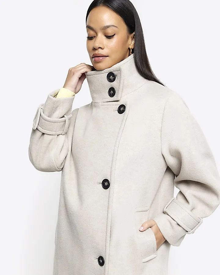 Beige funnel neck longline coat