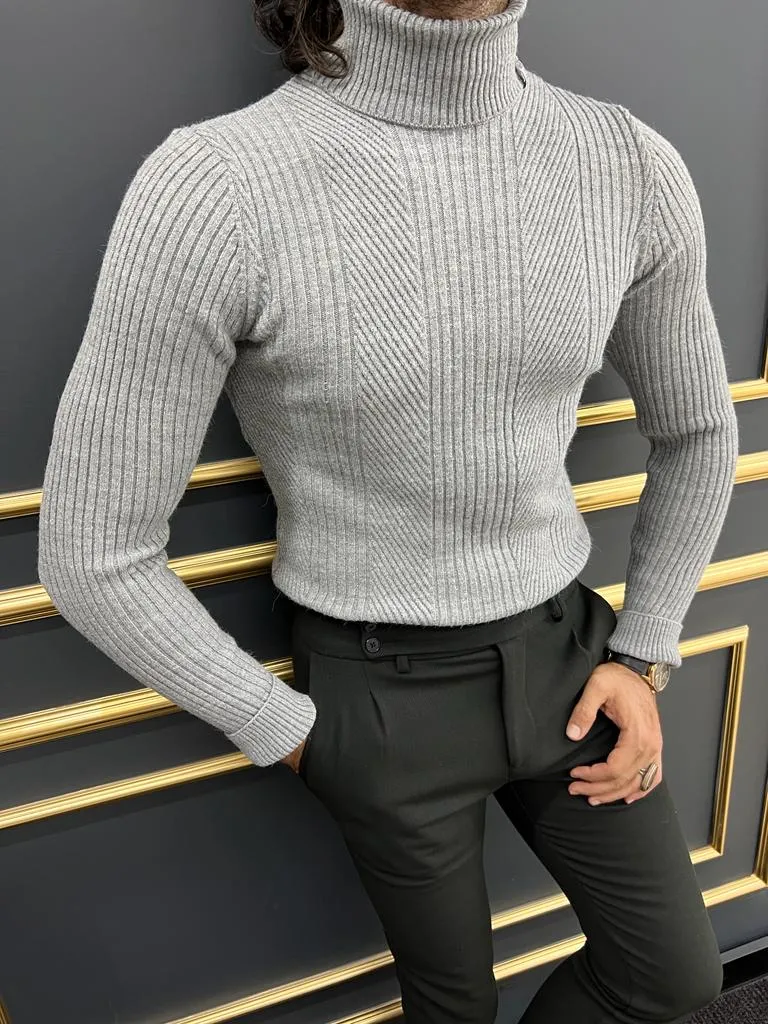 Berton Gray Slim Fit Turtleneck Striped Sweater