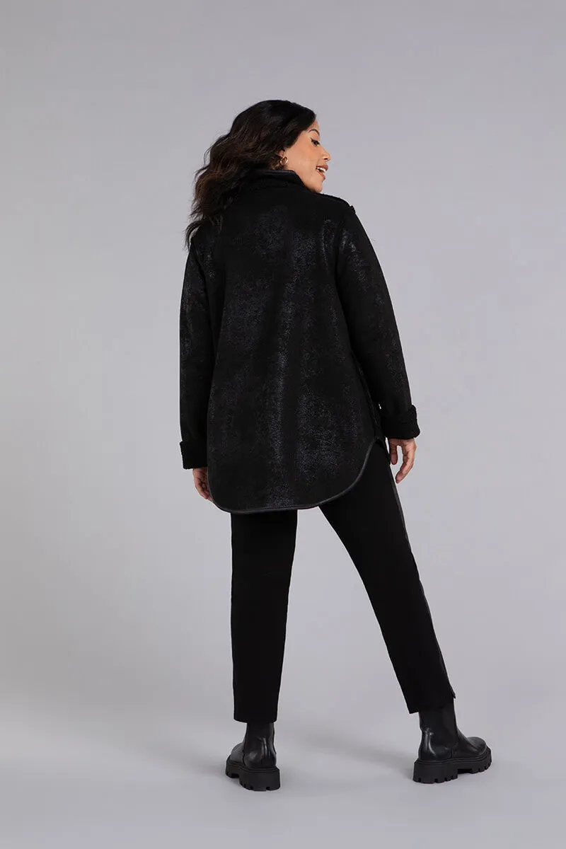 Boucle Shearling Faux Leather Shirt Jacket | Black