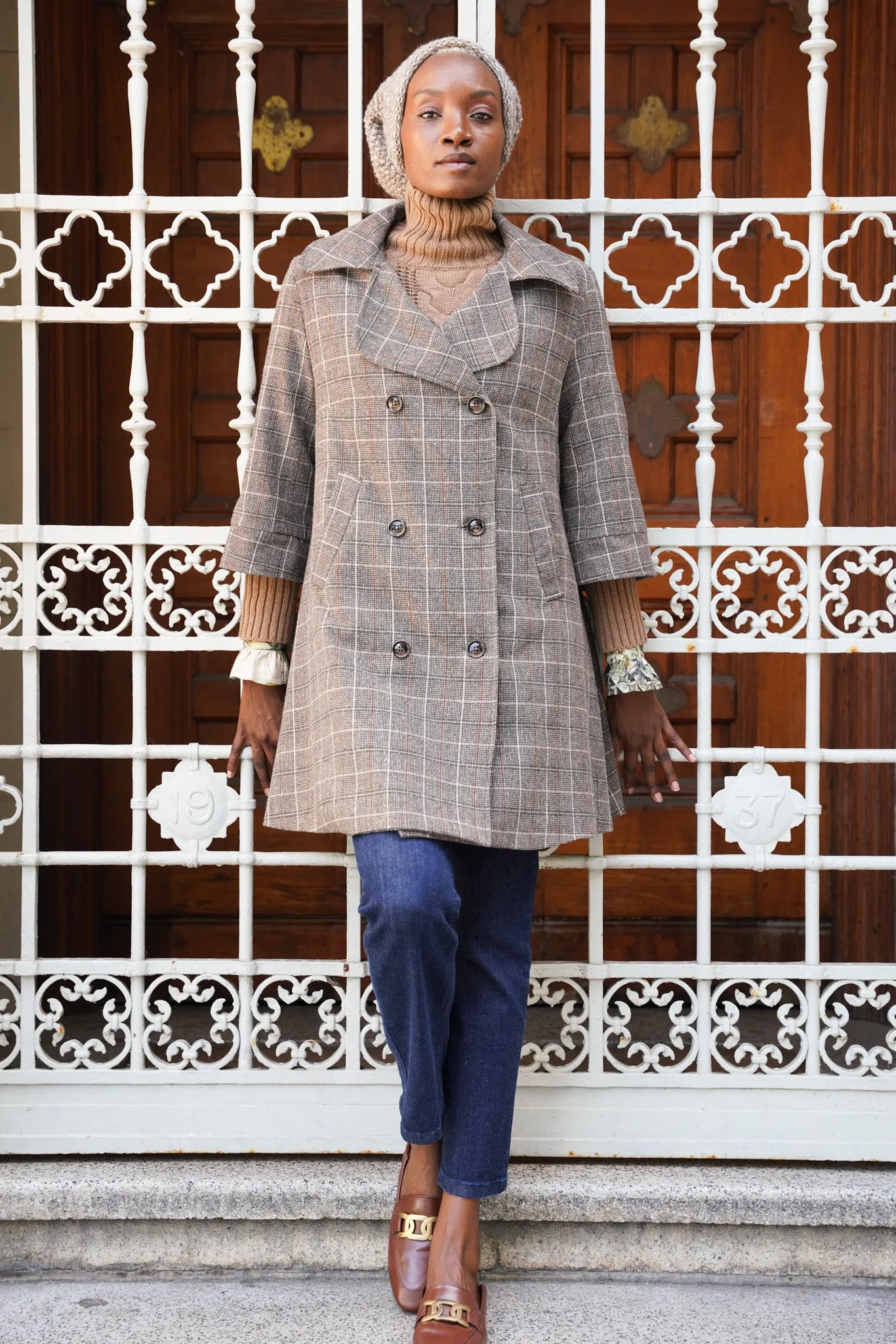 Brown Check A Line Coat