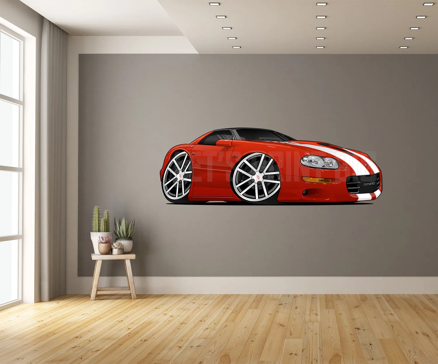 Car Art Copy of 4th Generation Camaro Red White Stripes Hot Rod Cartoon Wall Decal