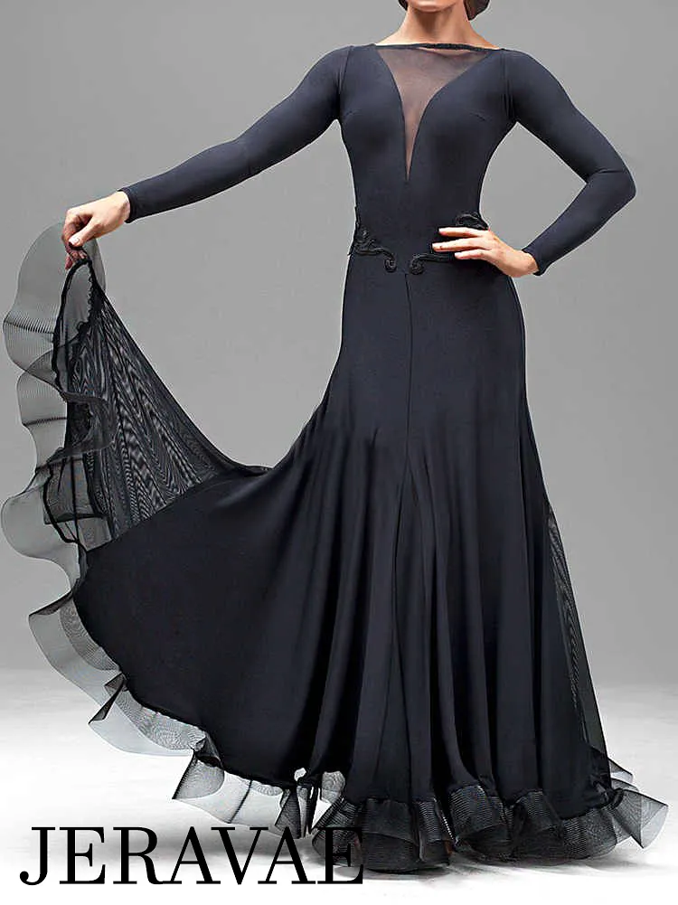 Classic Black Long Ballroom Practice Dress with Mesh Insert and Lace Waist Detail PRA 056_sale