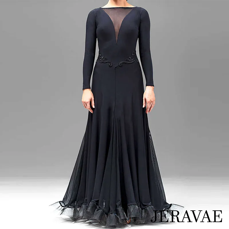 Classic Black Long Ballroom Practice Dress with Mesh Insert and Lace Waist Detail PRA 056_sale