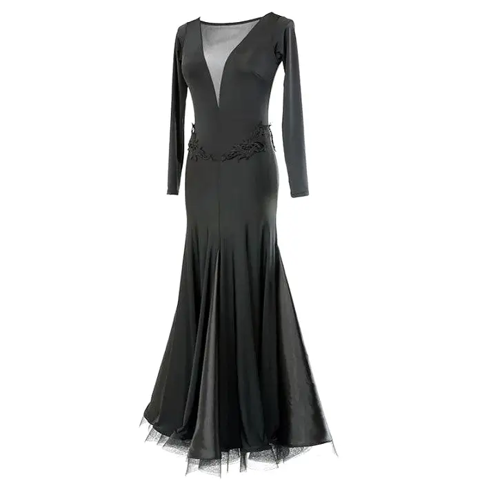 Classic Black Long Ballroom Practice Dress with Mesh Insert and Lace Waist Detail PRA 056_sale