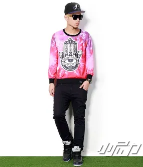 Cosmic Karma Palm Crewneck Sweater for Men - Pink