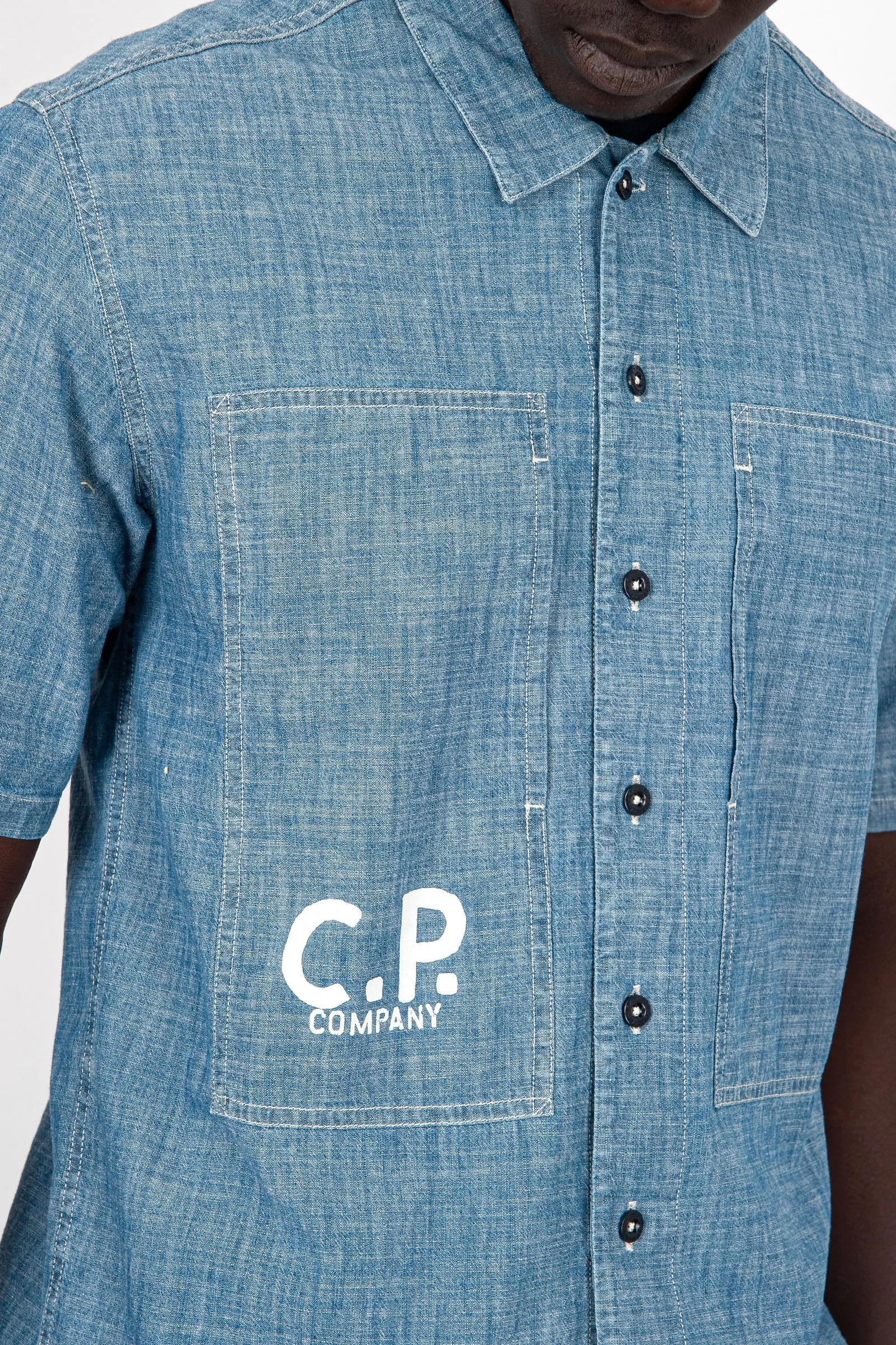 C.P. Company Camicia Short-Sleeved Logo Cotone Chambray