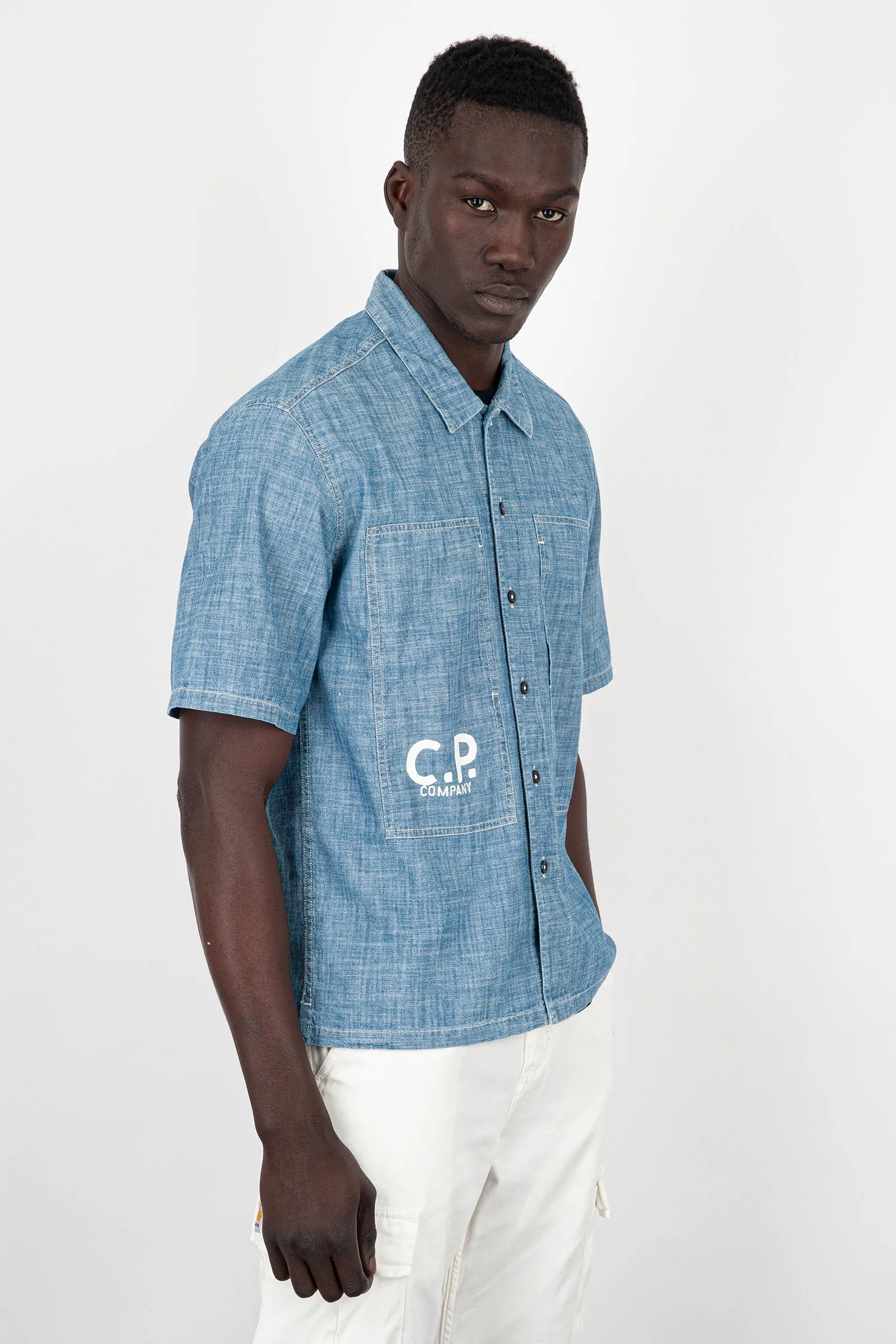 C.P. Company Camicia Short-Sleeved Logo Cotone Chambray