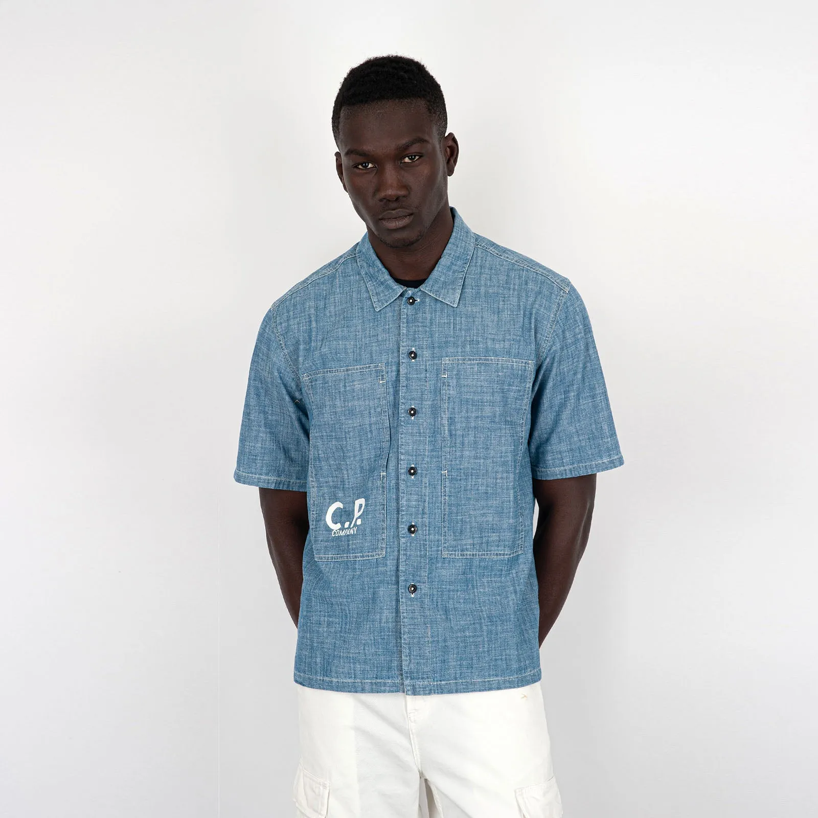 C.P. Company Camicia Short-Sleeved Logo Cotone Chambray