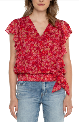 DRAPED FRONT TOP WITH WAIST TIE in Berry Blossom Floral