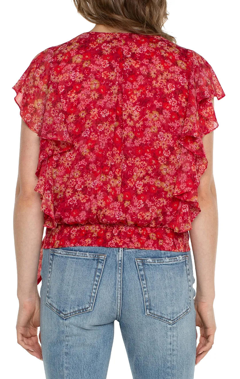 DRAPED FRONT TOP WITH WAIST TIE in Berry Blossom Floral