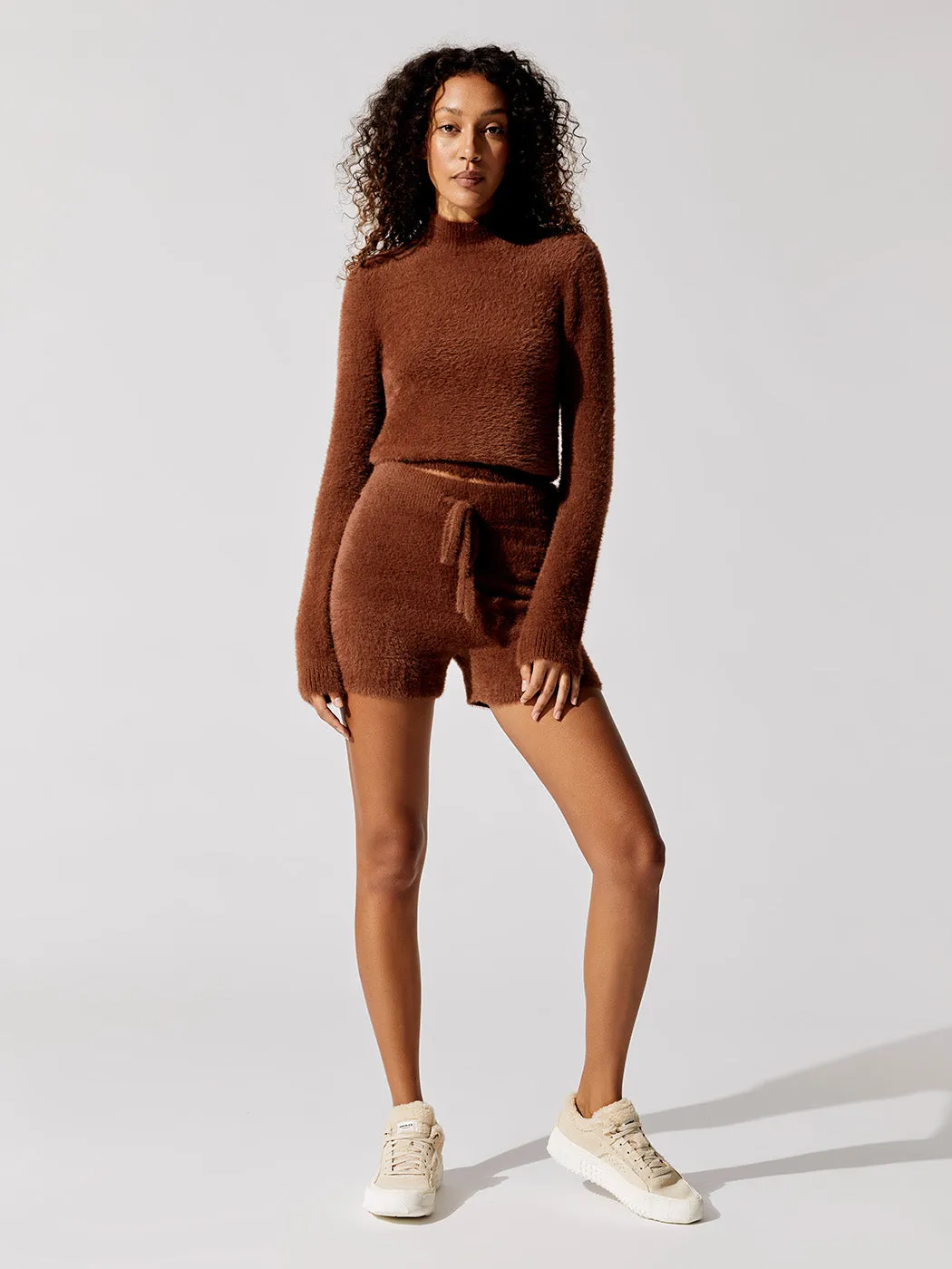 Eyelash Long Sleeve Mock Neck Sweater - Cappuccino