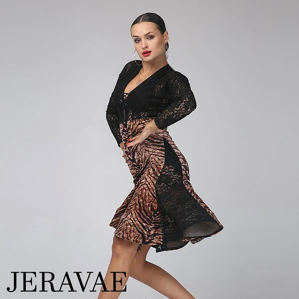 Floral or Tiger Print Latin Practice Dress with High Waist and Transparent Top with Long Sleeves and Lace-up Neckline PRA 410