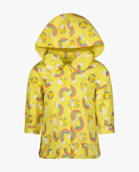 GIRLS PRINTED COLLARED SNAP FRONT RAINCOAT WITH HOOD