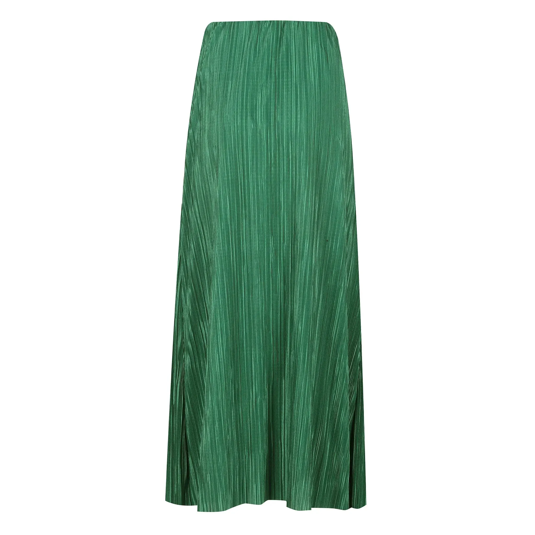 Green Crepe Pleated Midi Skirt With Elasticated Waist