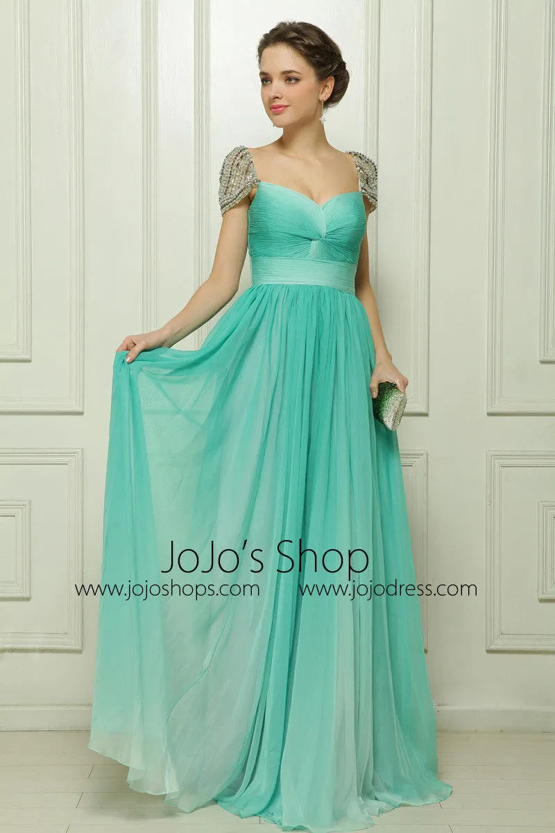 Green High Waist Chiffon Formal Evening Dress with Sparkly Crystal Cap Sleeves