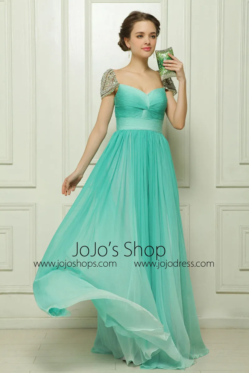 Green High Waist Chiffon Formal Evening Dress with Sparkly Crystal Cap Sleeves