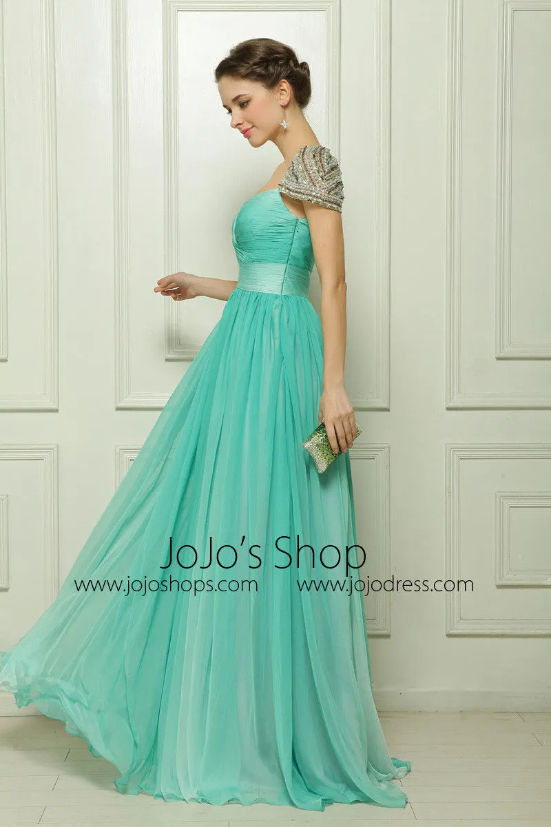 Green High Waist Chiffon Formal Evening Dress with Sparkly Crystal Cap Sleeves