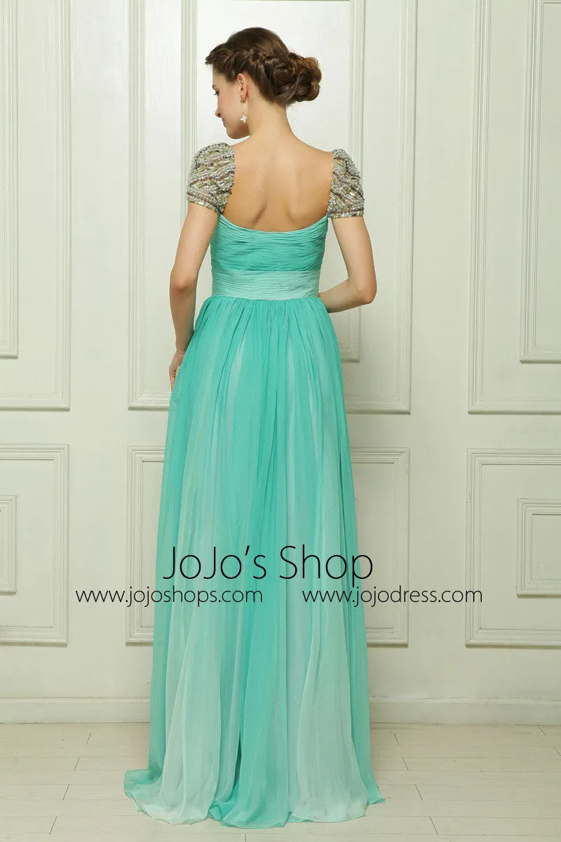 Green High Waist Chiffon Formal Evening Dress with Sparkly Crystal Cap Sleeves