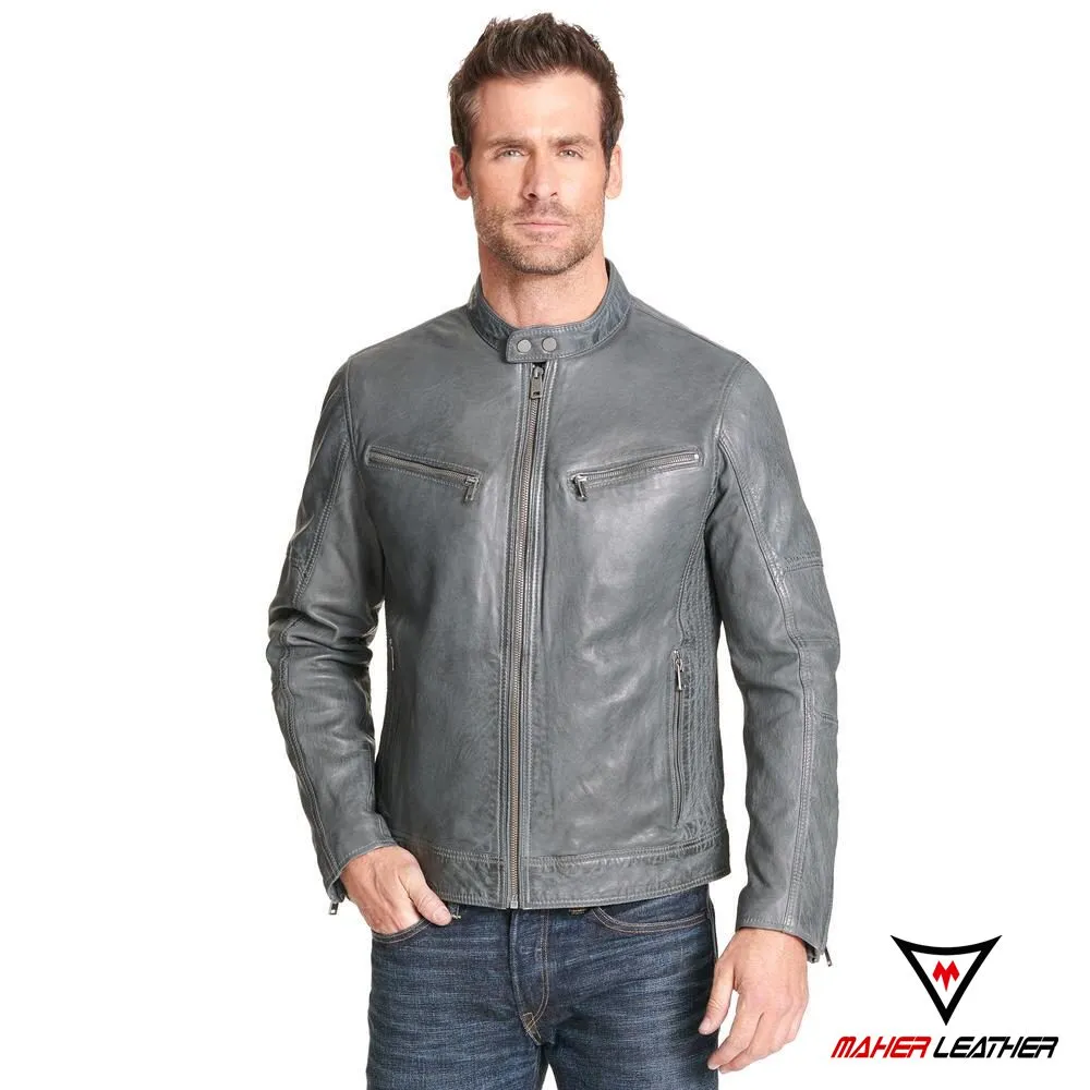 Grey leather jacket outfit mens