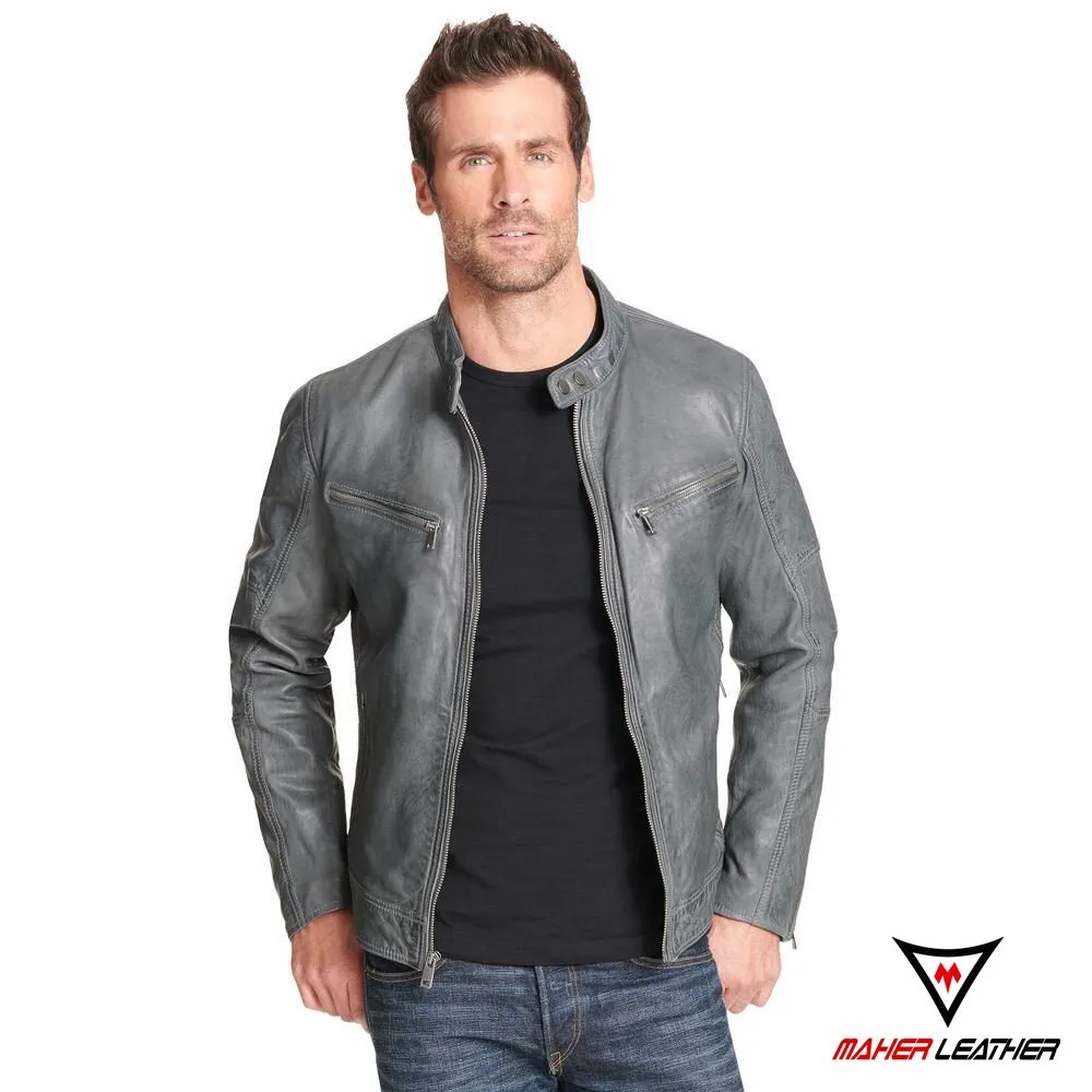 Grey leather jacket outfit mens