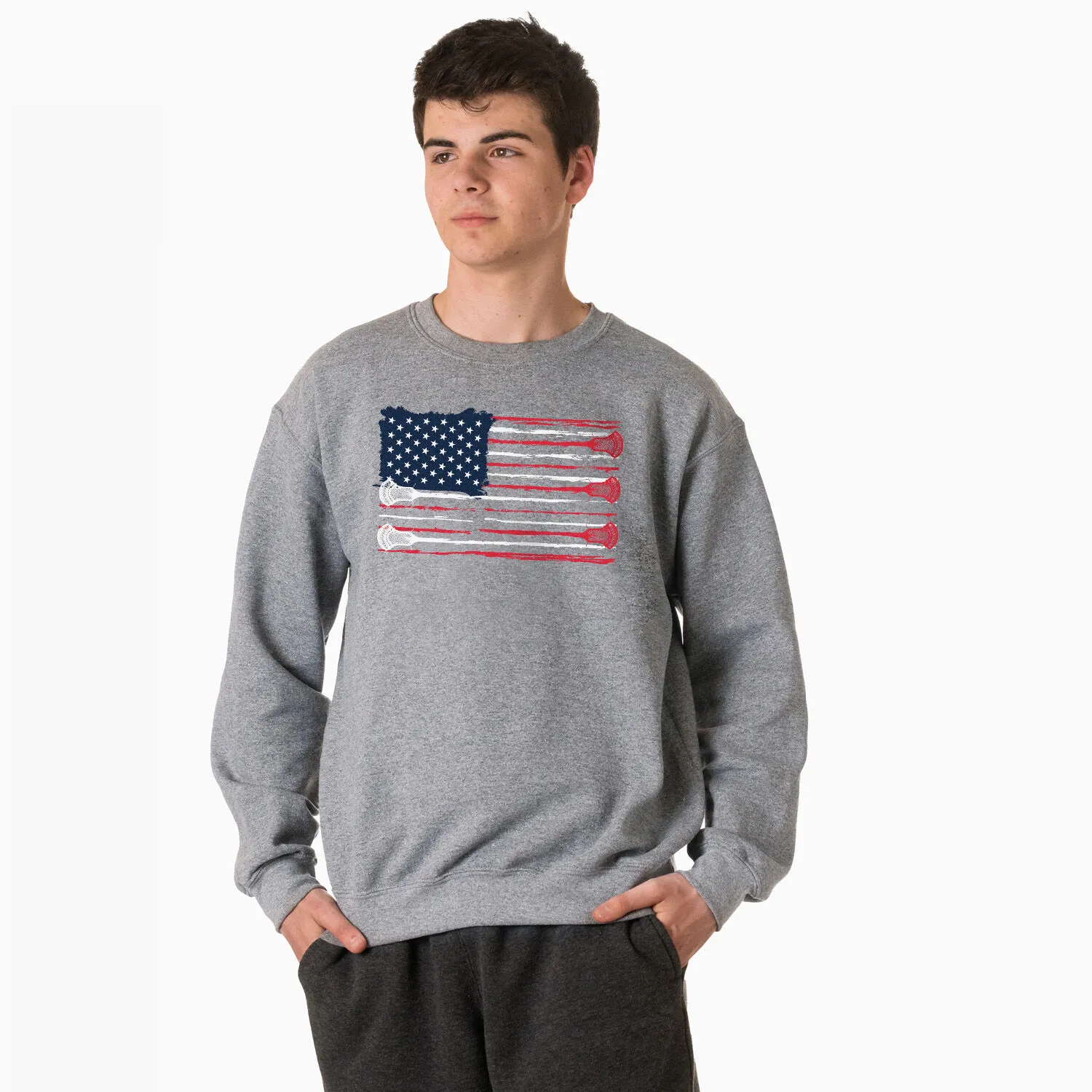 Guys Lacrosse Crewneck Sweatshirt - American Flag 