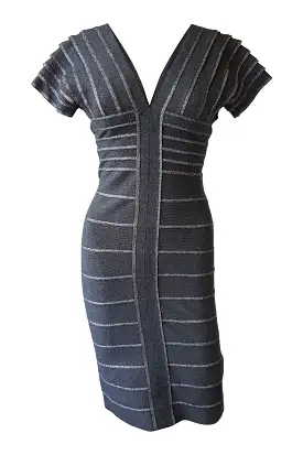 HERVE LEGER Grey V Neck V Back Short Sleeved Bandage Dress (S)