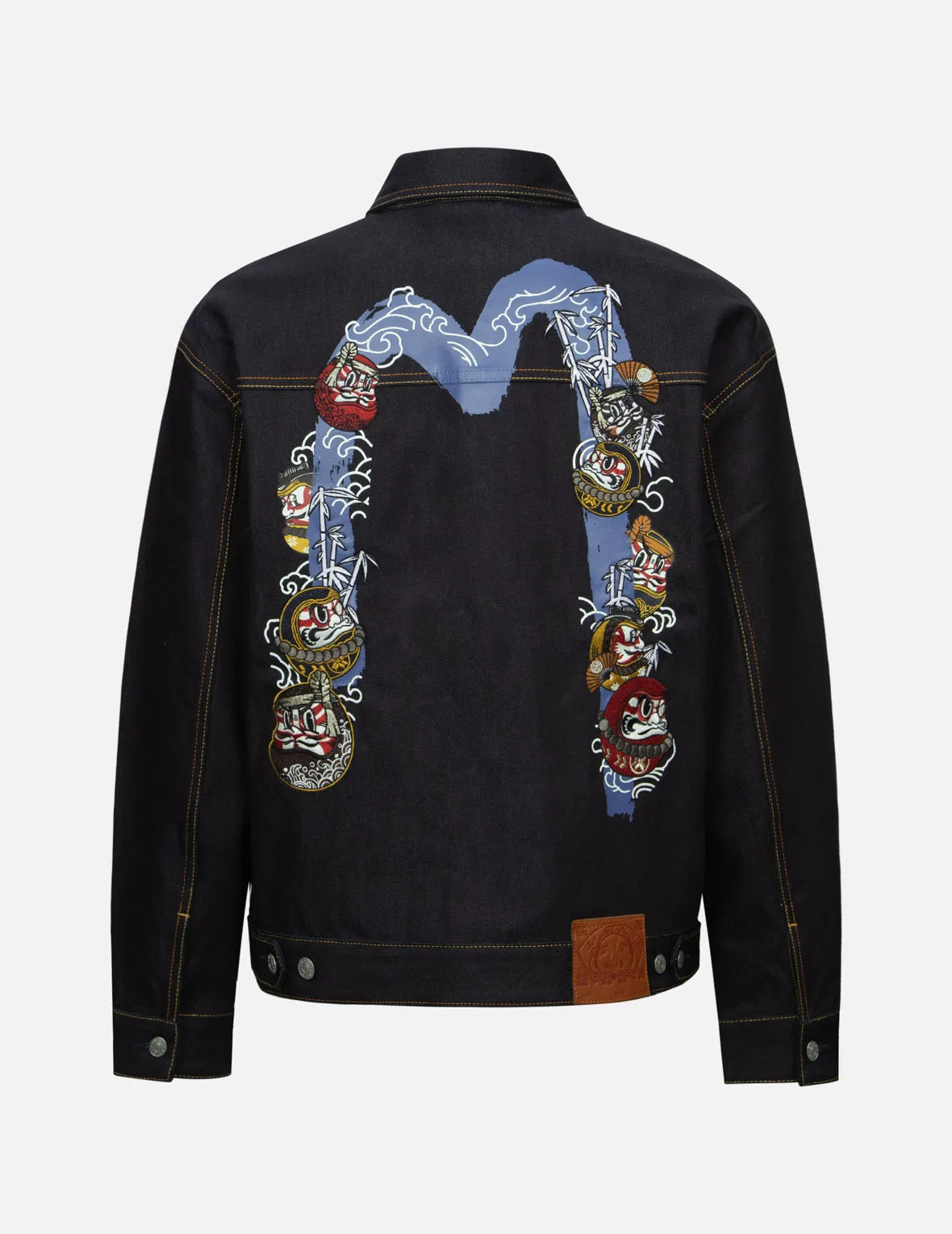 Kumadori Daruma Daicock Print and Embroidery Loose Fit Denim Jacket