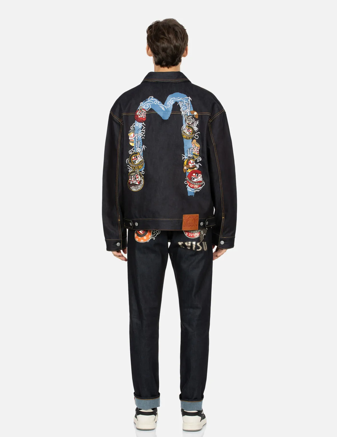 Kumadori Daruma Daicock Print and Embroidery Loose Fit Denim Jacket