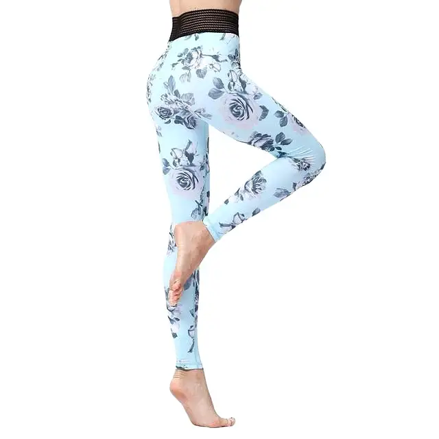 Light Blue Floral Leggings with Striped Elastic High Waist Aria_sale