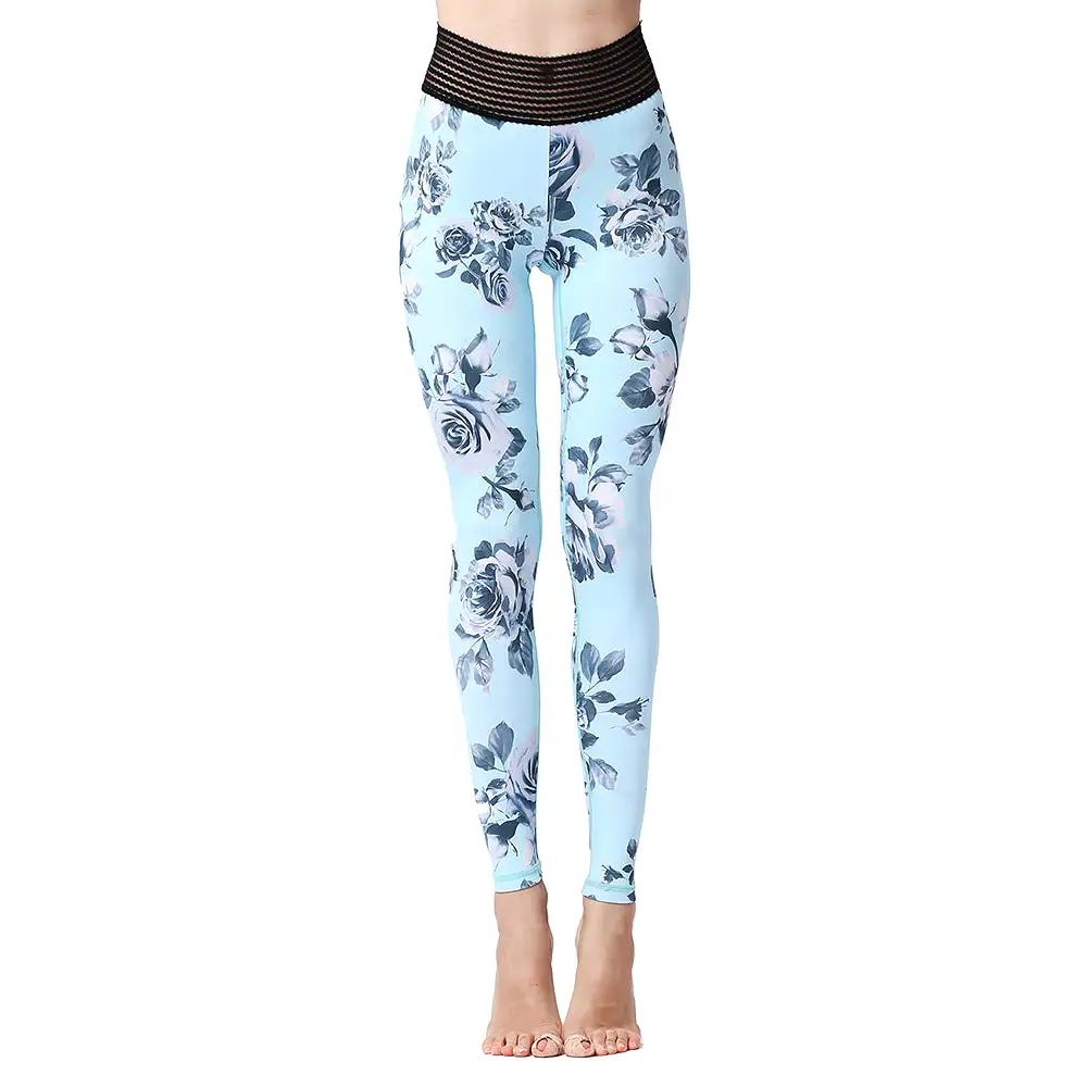 Light Blue Floral Leggings with Striped Elastic High Waist Aria_sale