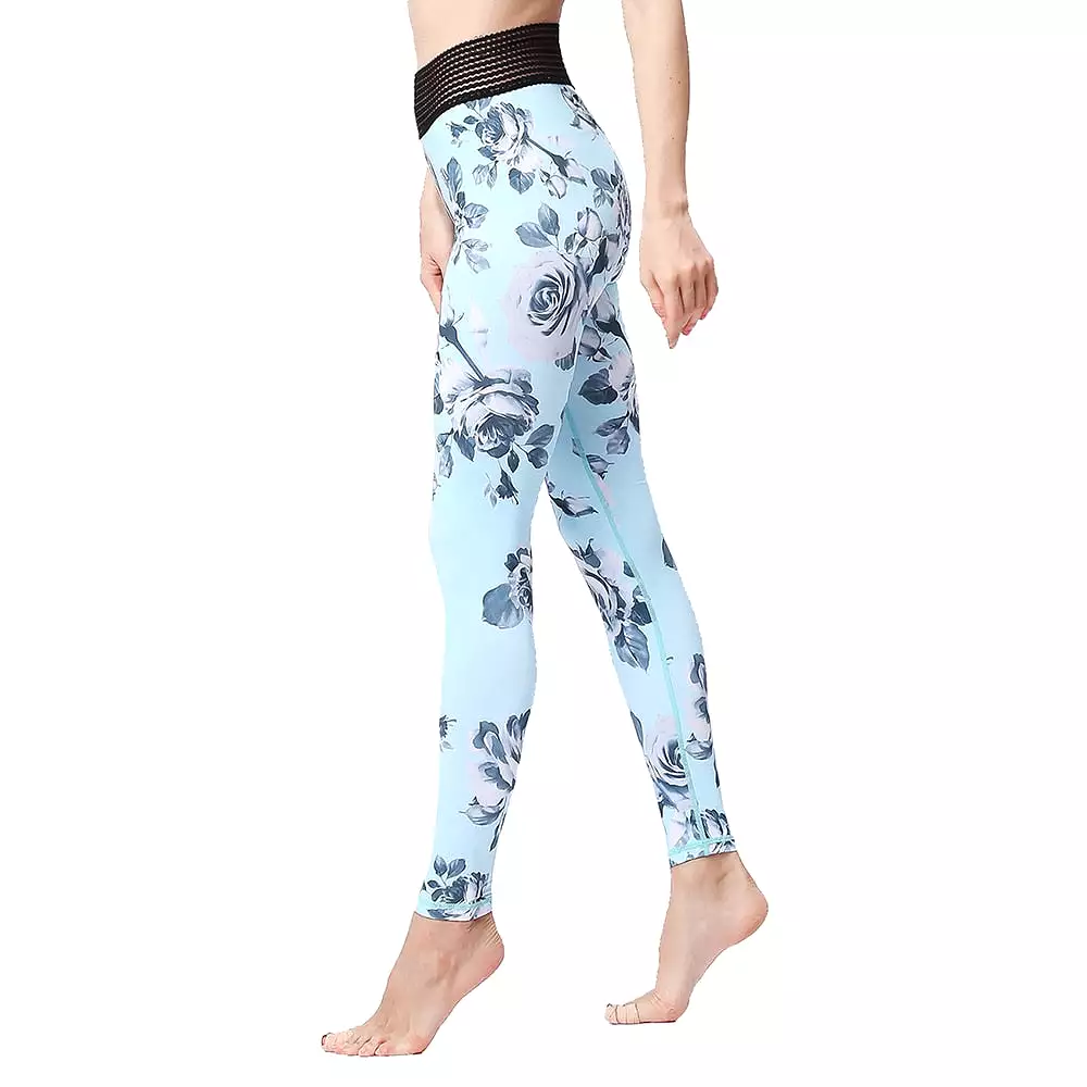 Light Blue Floral Leggings with Striped Elastic High Waist Aria_sale