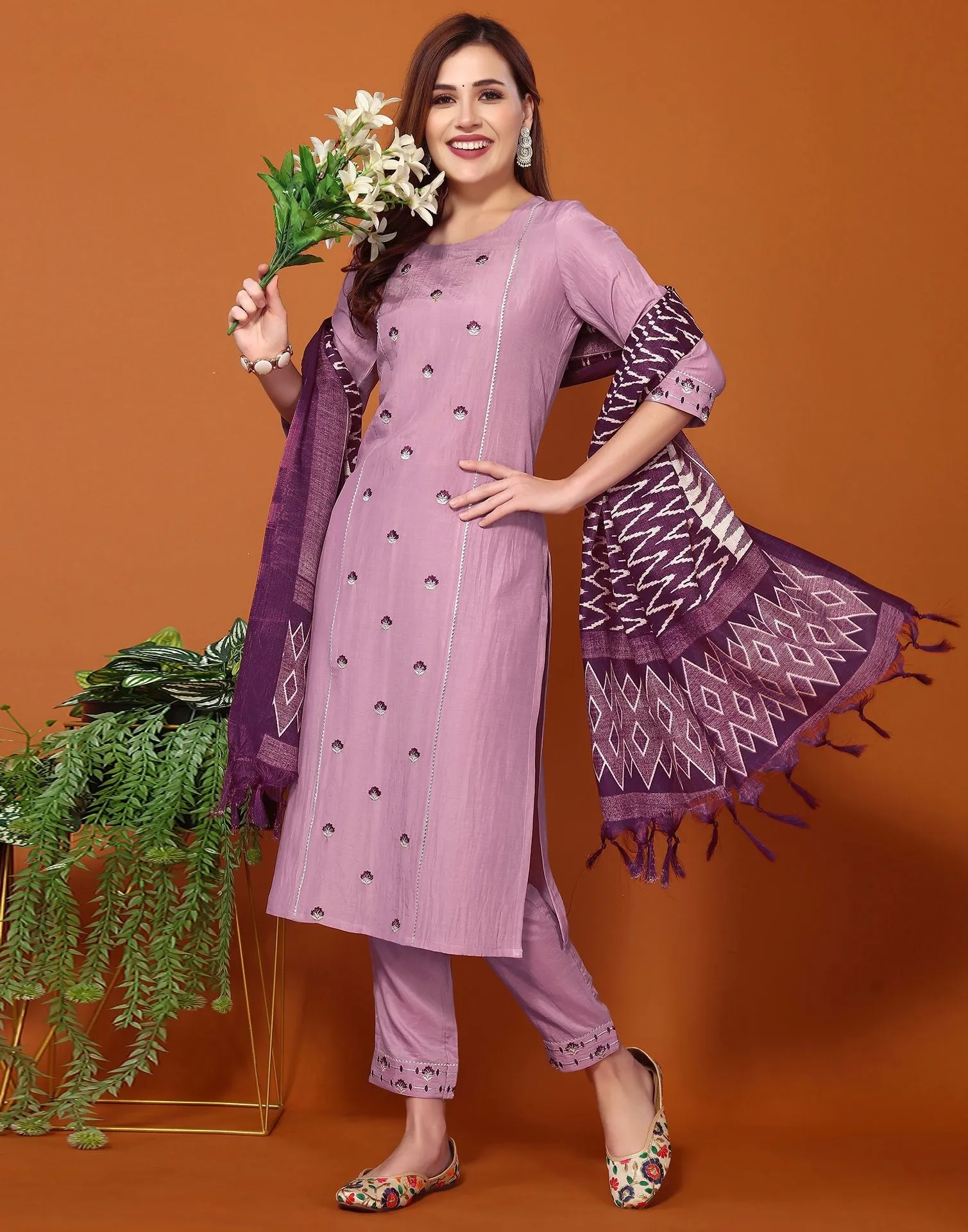 Light Purple Embroidery Chinnon Straight Kurta With Pant And Dupatta