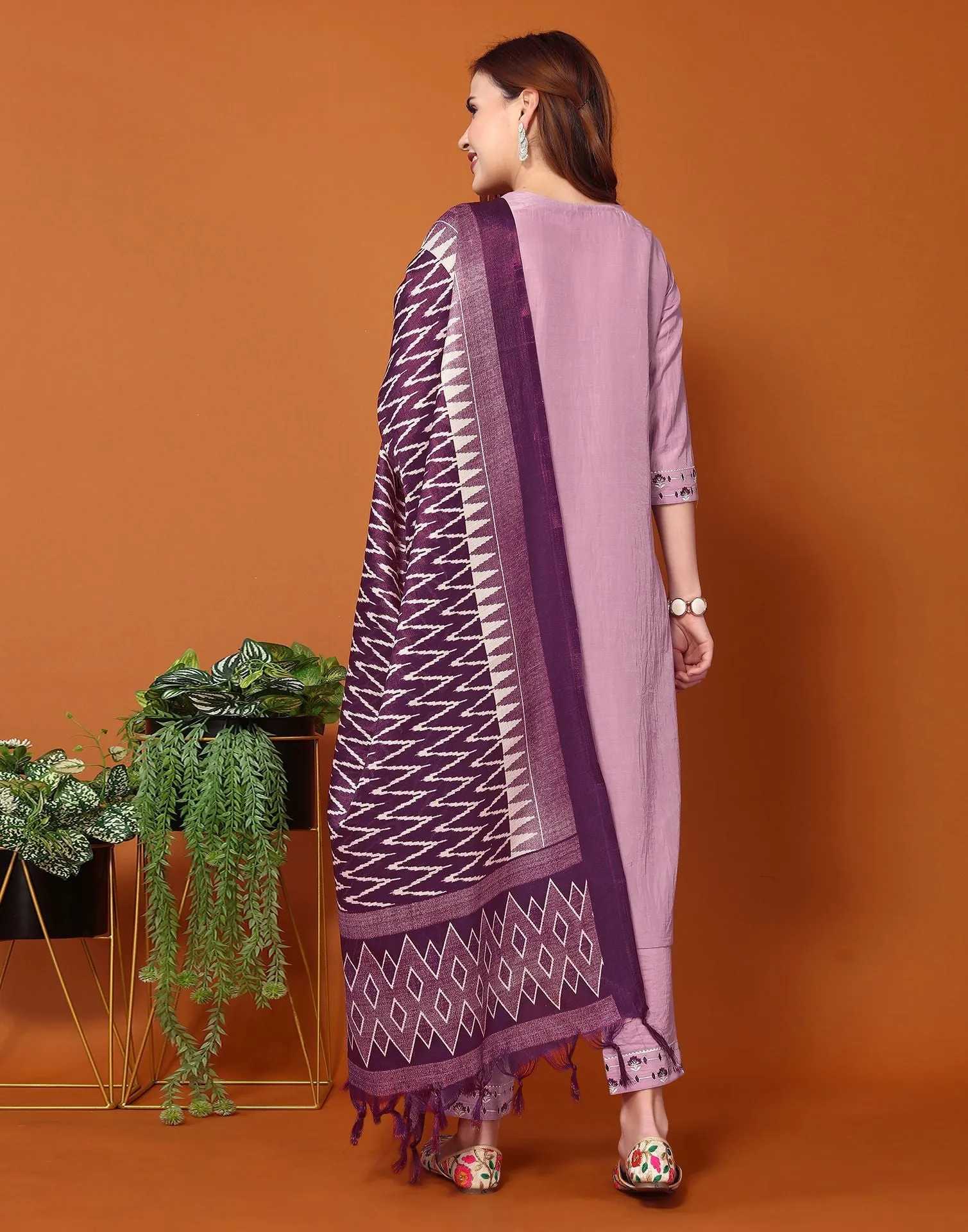 Light Purple Embroidery Chinnon Straight Kurta With Pant And Dupatta