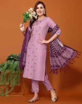 Light Purple Embroidery Chinnon Straight Kurta With Pant And Dupatta