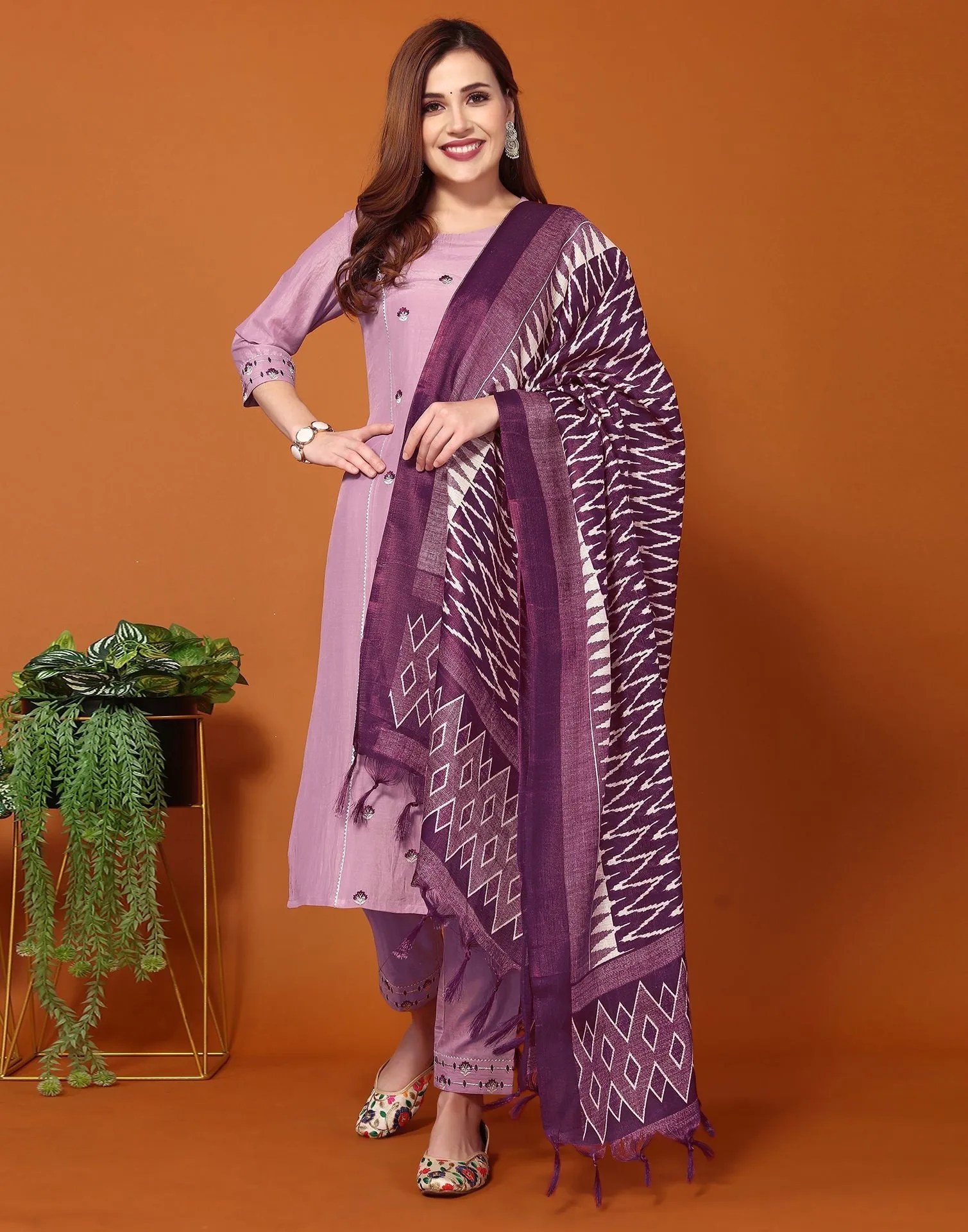 Light Purple Embroidery Chinnon Straight Kurta With Pant And Dupatta